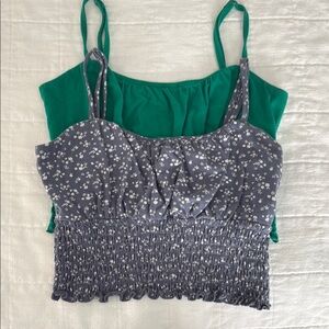 2 Hollister Fitted Crop Tops: 1 green and 2 smoky blue with white flowers